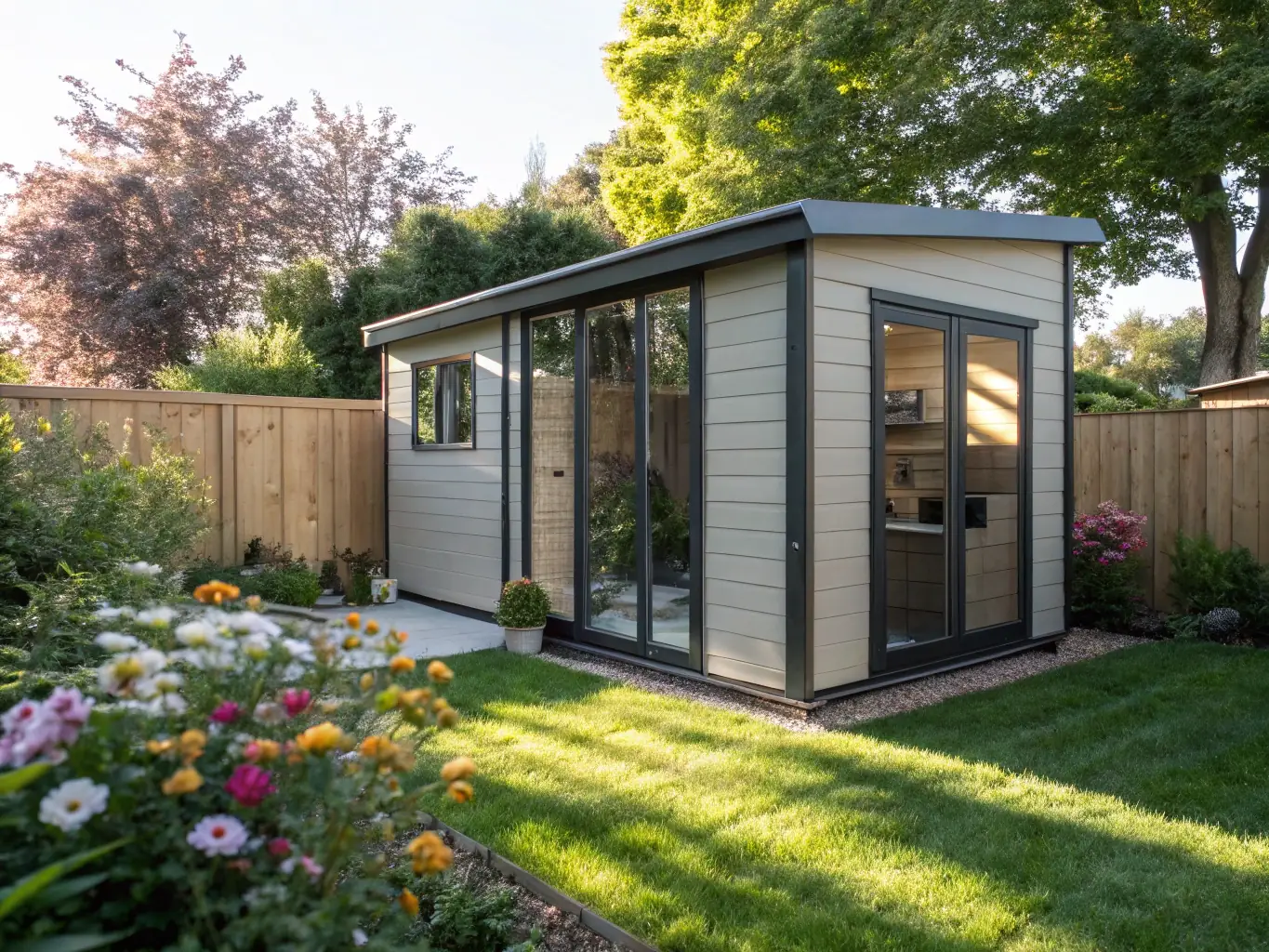 A high-angle shot of a newly constructed metal storage shed in a residential backyard, showcasing its clean lines and durable construction.