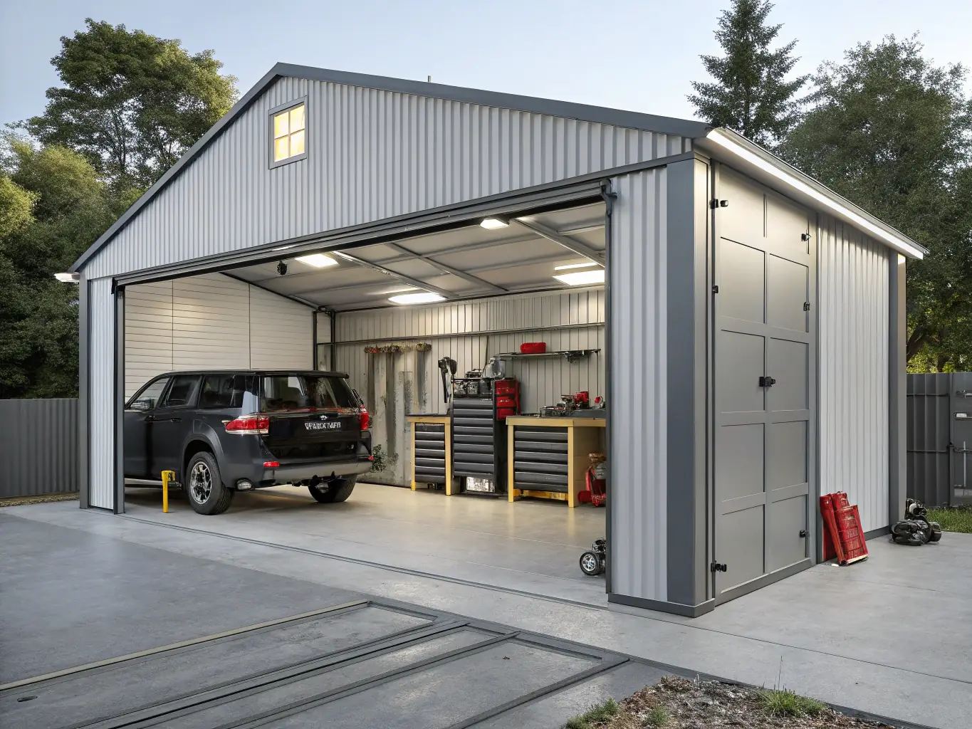 An image of a spacious metal garage with a car parked inside, highlighting the ample space and custom shelving.