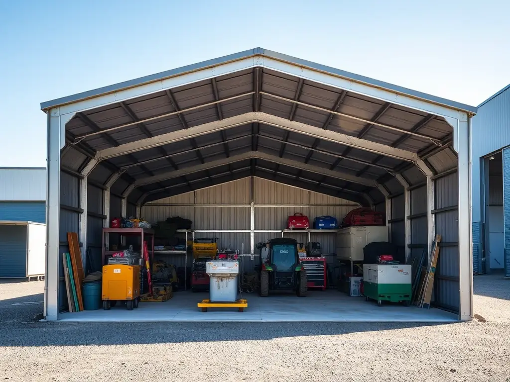 A high-quality photograph showcasing a custom-built metal storage shed in a residential backyard, highlighting its durable construction and secure door.