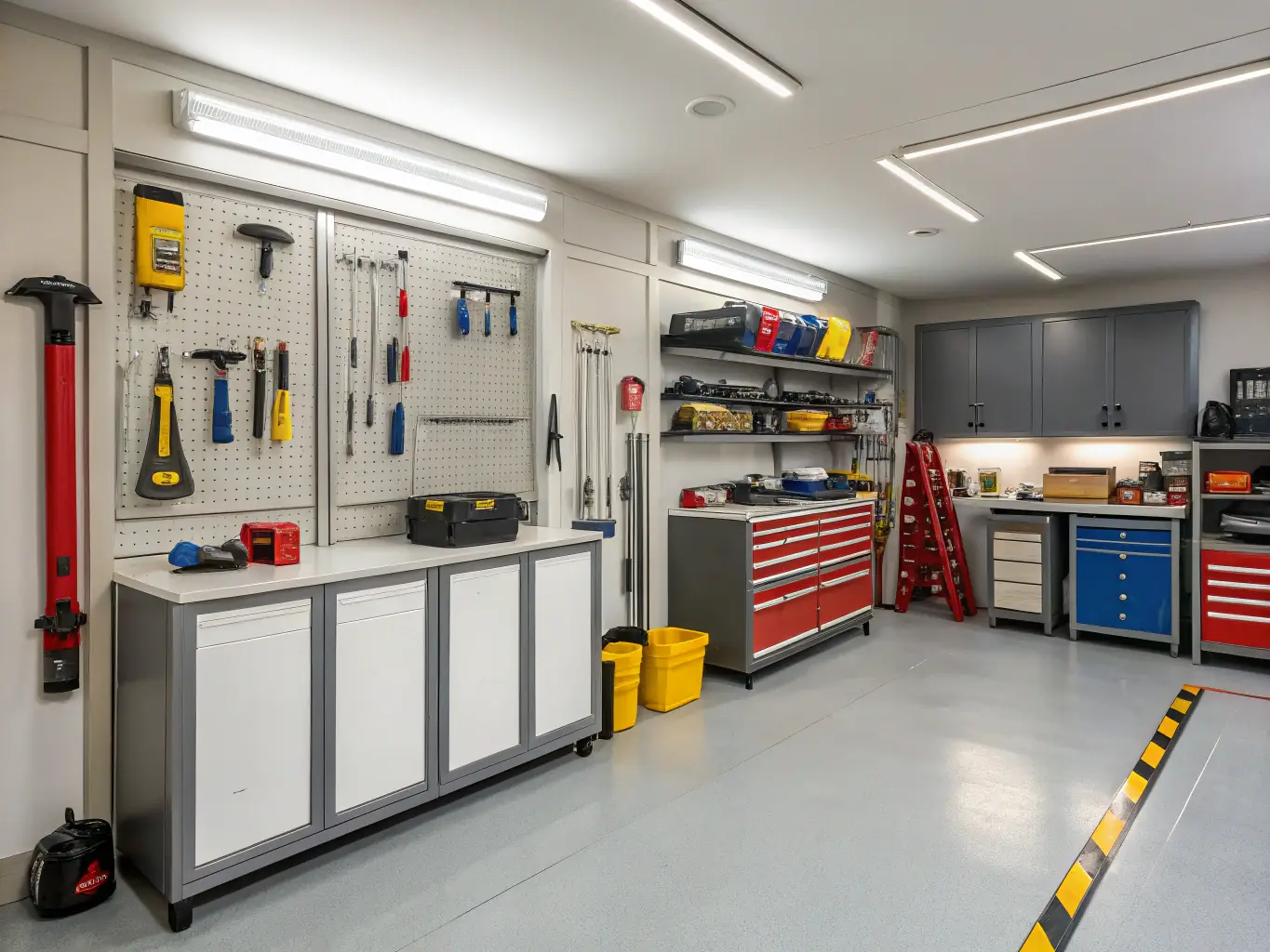 A detailed image of a Shop Spot Customs garage, featuring a vehicle inside and custom shelving along the walls, demonstrating its functionality and spaciousness.