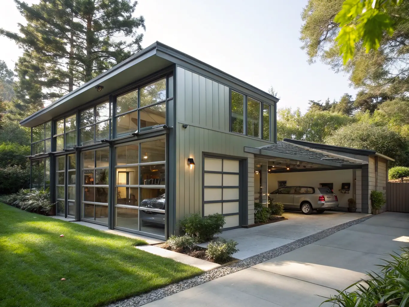 A professional photograph of a custom-designed metal garage, featuring multiple car spaces, custom insulation, and interior shelving.